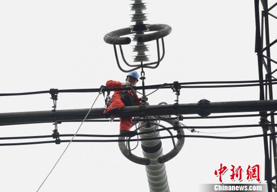 圖為電力工人在70多米高空作業(yè)，為特高壓復(fù)奉線重慶段進(jìn)行八年來首次大修。　周毅 攝