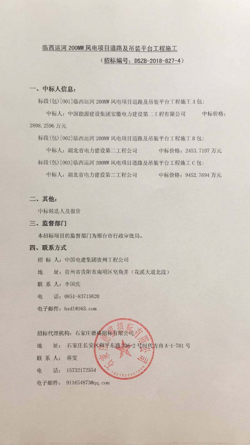 臨西運河200MW風(fēng)電項目中標(biāo)公示（附中標(biāo)通知書）