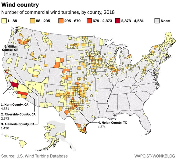 美國風(fēng)機(jī)分布地區(qū)發(fā)布
