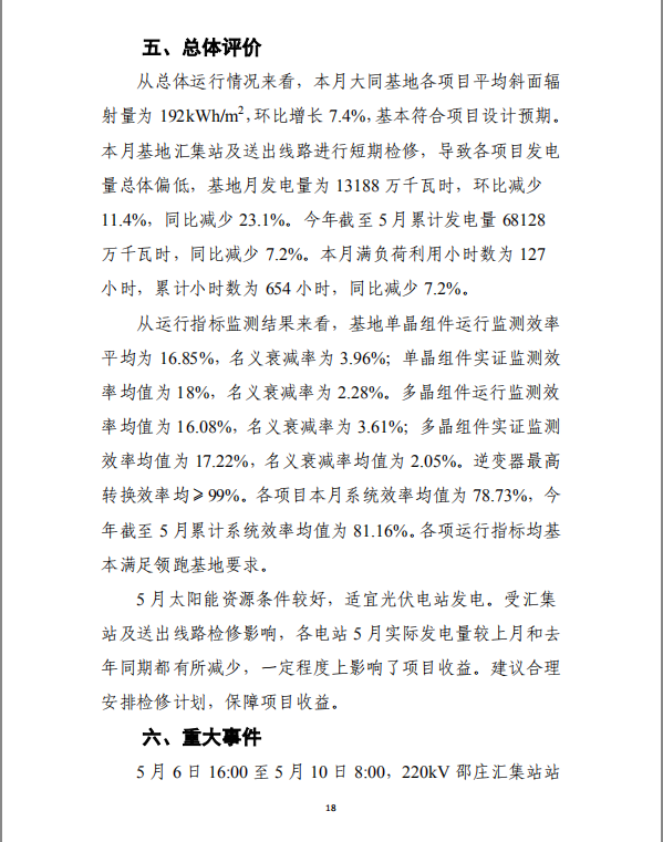 大同一期光伏發(fā)電應用領跑基地運行監(jiān)測月報（2018年5月）