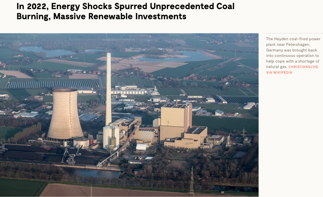 2022年能源危機(jī)導(dǎo)致煤炭消費反彈，但可再生能源投資上升更快